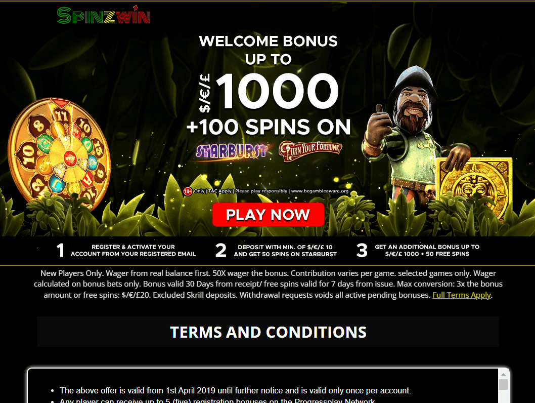 Spinzwin Casino Welcome bonus up to $/€/£1,000 + 100 free spins