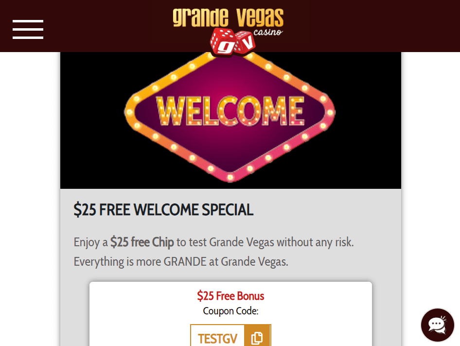 Grande Vegas Coupon Code: $25 Free Chip
