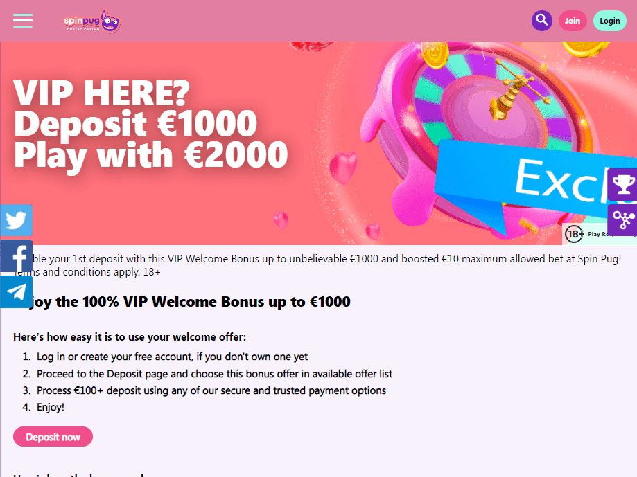 Spin Pug Highroller Bonus: 100% match up to €1000